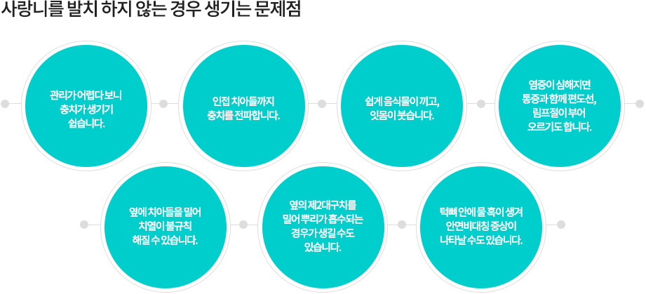 사랑니를 발치 하지 않는 경우 생기는 문제점
-관리가 어렵다 보니 충치가 생기기 쉽습니다.
-인접 치아들까지 충치를 전파합니다.
-쉽게 음식물이 끼고, 잇몸이 붓습니다.
-염증이 심해지면 통증과 함께 편도선, 림프절이 부어 오르기도 합니다.
-옆에 치아들을 밀어 치열이 불규칙해질 수 있습니다.
-옆의 제2대구치를 밀어 뿌리가 흡수되는 경우가 생길 수도 있습니다.
-턱뼈 안에 물 혹이 생겨 안면비대칭 증상이 나타날 수도 있습니다.

